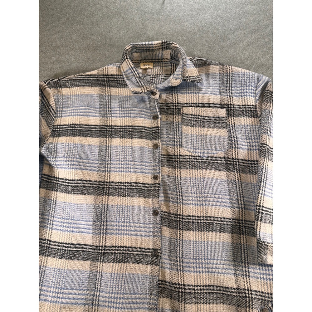 BKE Womens Blue Plaid Raw Hem Shacket Button Up Shirt Jacket Large L